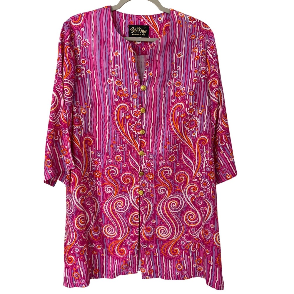 Bob Mackie Wearable Art Pink Paisley Stripe Linen Blend Tunic Top‎ Size Medium